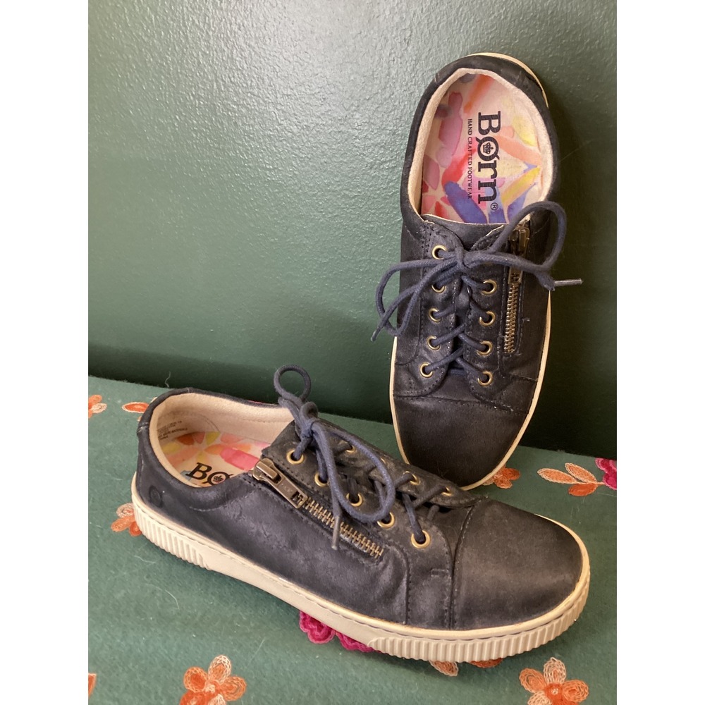 Born Leather Sneakers Womens‎ 6.5 Navy Blue Zipper Lace Up D88036